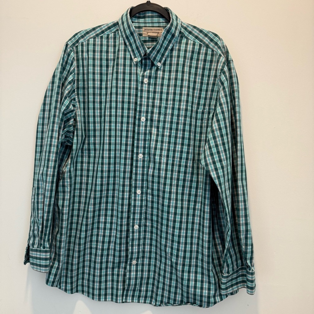Duluth Trading Wrinkle Fighter Men's Shirt L Relaxed Fit Green Plaid